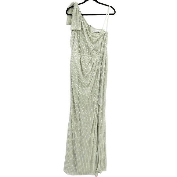 Mac Duggal Pearl Embellished Soft Tie One Shoulder Gown Mint Green Size 10 NWOT - Picture 6 of 12